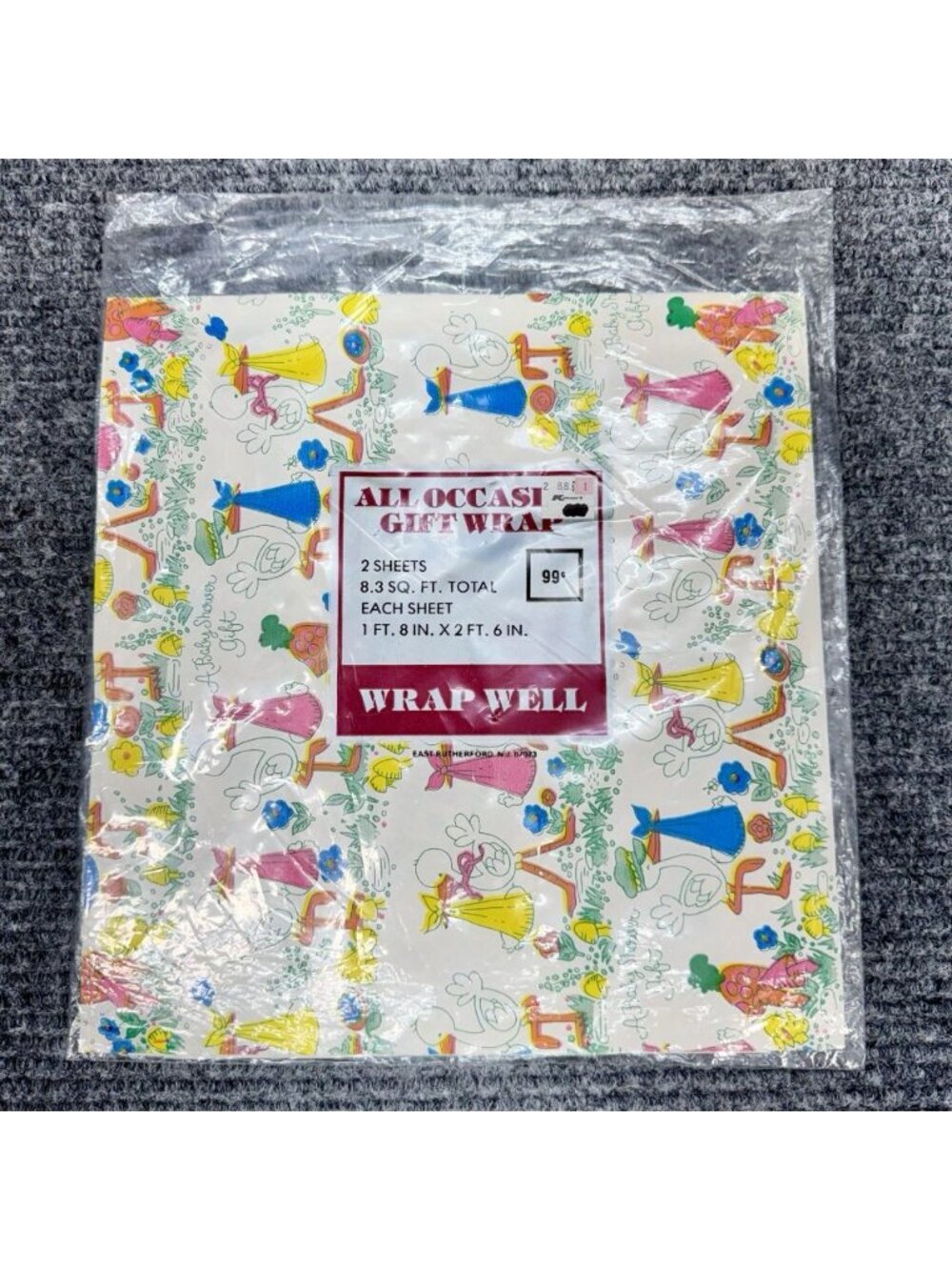 Vintage Gift Wrap BABY SHOWER Wrapping Paper 2 Sheet 8.3 sqft Stork Unisex NEW